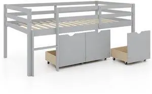 SlickBlue Twin Size Low Loft Bed with 3 Drawers with Ladder and Full-length Guardrails