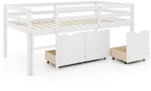 SlickBlue Twin Size Low Loft Bed with 3 Drawers with Ladder and Full-length Guardrails