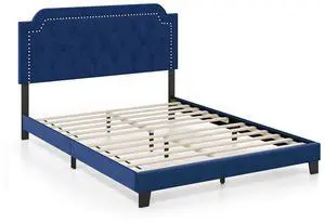 SlickBlue Queen Size Velvet Platform Bed with Button Tufted and Nailhead Trim Headboard