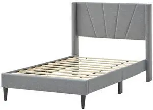 SlickBlue Bed Frame with Linen Upholstered Wingback Headboard-Twin Size