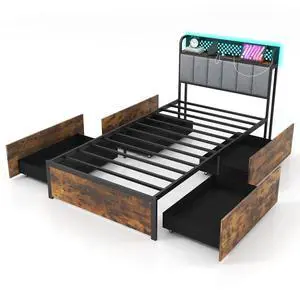 SlickBlue Bed Frame with LED Lights  Upholstered Headboard and 4 Storage Drawers-Twin size