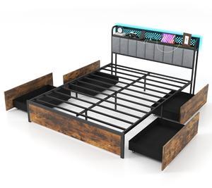 SlickBlue Bed Frame with LED Lights  Upholstered Headboard and 4 Storage Drawers-Queen Size