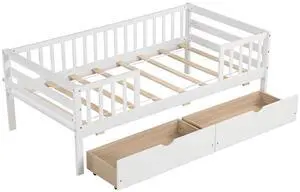 SlickBlue Twin Daybed with Fence and 2 Drawers Kids Bed for Boys & Girls-White