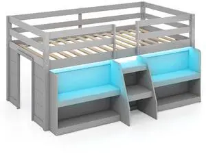 SlickBlue Twin Size Loft Bed with LED Lights with Staircase and Safety Guardrail