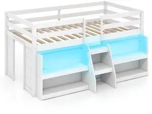 SlickBlue Twin Size Loft Bed with LED Lights with Staircase and Safety Guardrail