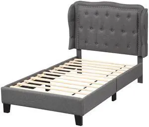 SlickBlue Twin Size Bed Frame with Button Tufted Wingback Headboard and Storage Space-Gray