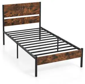 SlickBlue Metal Bed Frame with Wooden Headboard and Footboard-Twin Size