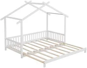 SlickBlue Extendable House Bed Twin to King Daybed with Roof and Fence Rails