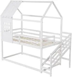 SlickBlue Twin House Bed with Stairs and Roof for Kids-White