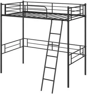 SlickBlue Twin Size Loft Bed Metal Bed Frame with Ladder and Guardrails-Black