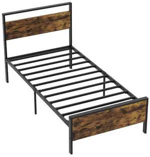 SlickBlue Twin Metal Bed Frame Industrial Platform Bed with Wooden Headboard-Twin Size