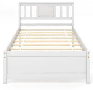 SlickBlue Wooden Platform Bed with Headboard and Wood Slat Support White-Twin Size