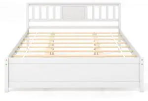 SlickBlue Wooden Platform Bed with Headboard and Wood Slat Support White-Queen Size
