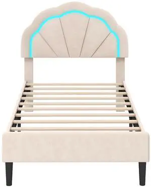 SlickBlue Upholstered LED Bed Frame with Adjustable Flower Headboard and Metal Support Feet-Twin Size