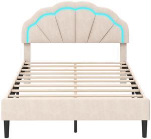SlickBlue Upholstered LED Bed Frame with Adjustable Flower Headboard and Metal Support Feet-Full Size
