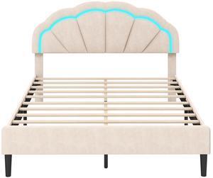 SlickBlue Upholstered LED Bed Frame with Adjustable Flower Headboard and Metal Support Feet-Queen Size