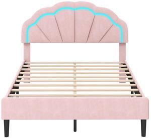 SlickBlue Upholstered LED Bed Frame with Adjustable Flower Headboard and Metal Support Feet Pink-Full Size