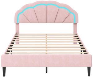SlickBlue Upholstered LED Bed Frame with Adjustable Flower Headboard and Metal Support Feet Pink-Queen Size