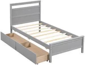 SlickBlue Twin Size Wooden Bed Frame with 2 Drawers for Teens and Adults