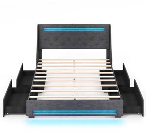 SlickBlue Full Size Bed Frame with LED Lights Wingback Headboard and Charging Station-Grey