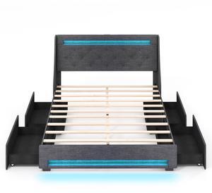 SlickBlue Queen Size Upholstered Platform Bed Frame with LED Lights and Charging Station-Grey