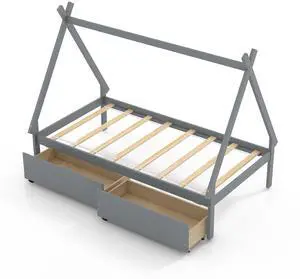 SlickBlue Twin Size Wooden Tent Platform House Bed with 2 Drawers