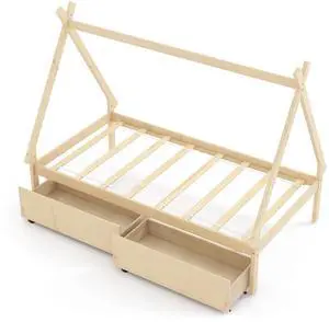 SlickBlue Twin Size Wooden Tent Platform House Bed with 2 Drawers