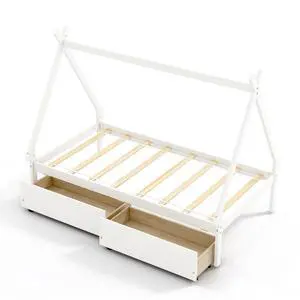 SlickBlue Twin Size Wooden Tent Platform House Bed with 2 Drawers
