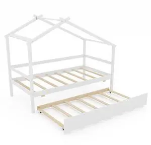 SlickBlue Kids Twin Size House Bed with Trundle and Roof