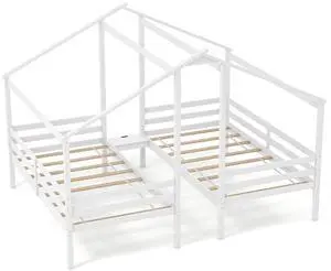 SlickBlue Double Twin Size Wooden Bed Frames with Built-in Table for Kids-White