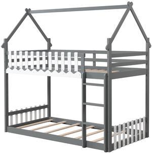 SlickBlue Twin Over Twin Bunk Bed with Fence and Ladder for Kids
