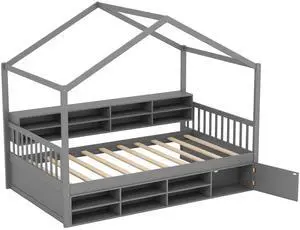 SlickBlue Twin Size House Bed with Roof with 14 Storage Cubes and Enclosed Cabinet-Gray