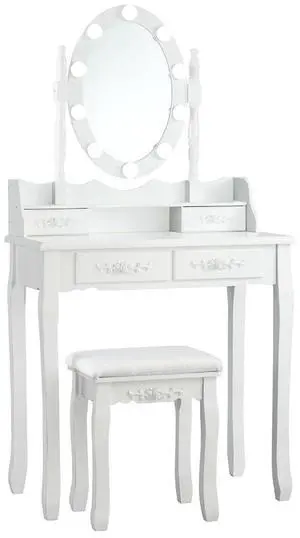 SlickBlue Makeup Dressing Table with Touch Switch Lighted Mirror and Cushioned Stool-White