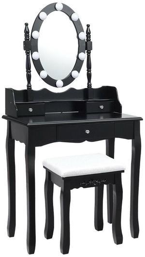 SlickBlue Oval Mirror Vanity Set  with 10 LED Dimmable Bulbs and 3 Drawers-Black