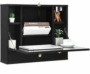 SlickBlue Wall Mounted Folding Laptop Desk Hideaway Storage with Drawer-Black