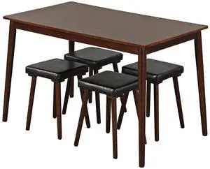 SlickBlue 5 Piece Dining Table Set for 4 with 4 Upholstered Stools and Rubber Wood Legs-Brown