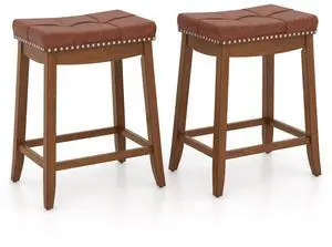 SlickBlue 25 Inch Set of 2 Upholstered PU Leather Bar Stools with Saddle Seat-25 inches