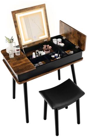 SlickBlue Vanity Table Set with Flip Top Mirror Lights USB Writing Desk and Stool-Brown