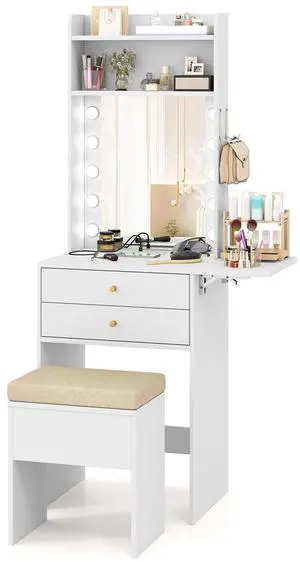 SlickBlue Compact Vanity Desk Set with 3-Color Lighted Mirror and Power Outlets-White
