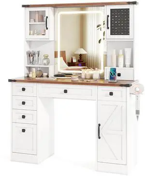 SlickBlue Farmhouse Vanity Desk with Lighted Mirror and 3 Doors-White