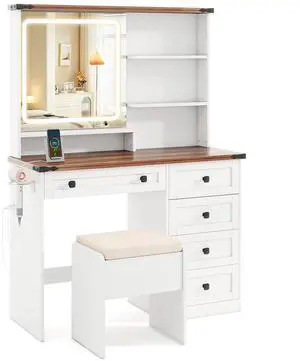 SlickBlue Farmhouse Vanity Set with Mirror and 3-Color Lighting-White