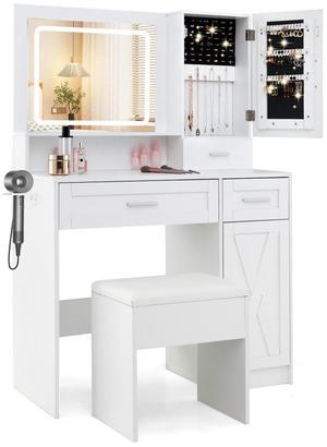 SlickBlue Makeup Vanity Desk with Mirror and Lights Dressing Table and Stool Set-White