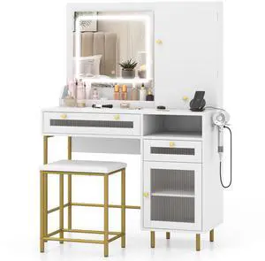 SlickBlue Modern Makeup Vanity Desk with Mirror and Lights and Stool Set-White