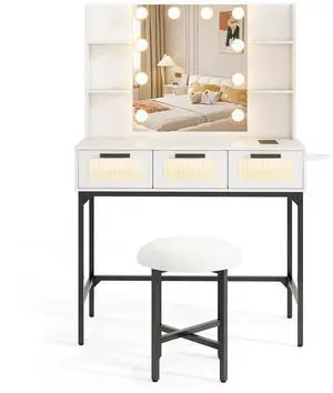 SlickBlue Bedroom Makeup Vanity Desk with Hollywood Mirror and Lights-White