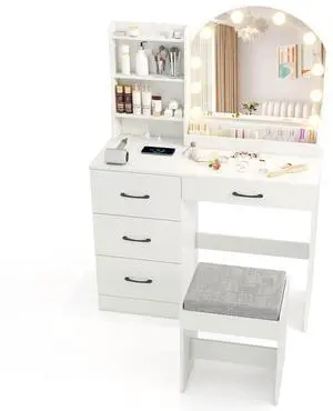 SlickBlue Makeup Vanity Desk Dressing Table and Stool Set with Mirror and Lights