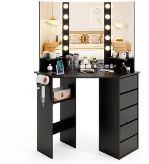 SlickBlue Corner Vanity Desk with 3-Color LED Lighted Mirror and Power Outlet