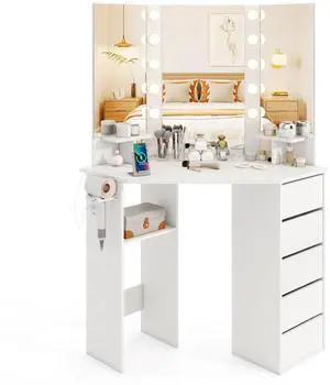 SlickBlue Corner Vanity Desk with 3-Color LED Lighted Mirror and Power Outlet