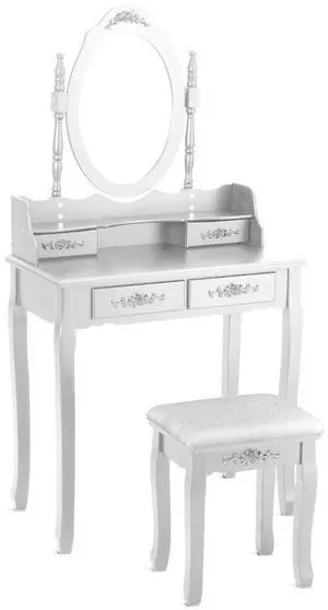 SlickBlue Wood Vanity Table Set with Oval Mirror and 4 Drawers for Kids Girls Women