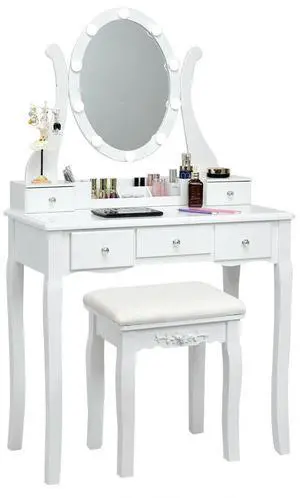 SlickBlue 10 Dimmable Lights Vanity Table Set with Lighted Mirror and Cushioned Stool-White