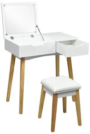 SlickBlue Wooden Vanity Table with Flip Top Mirror and Cushioned Stool